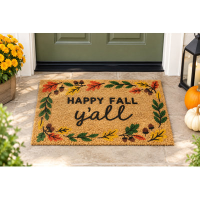 Tapis de porte en fibre de coco « Joyeux automne » - 45,7 x 76,2 cm (18 x 30 po) avec envers en caoutchouc