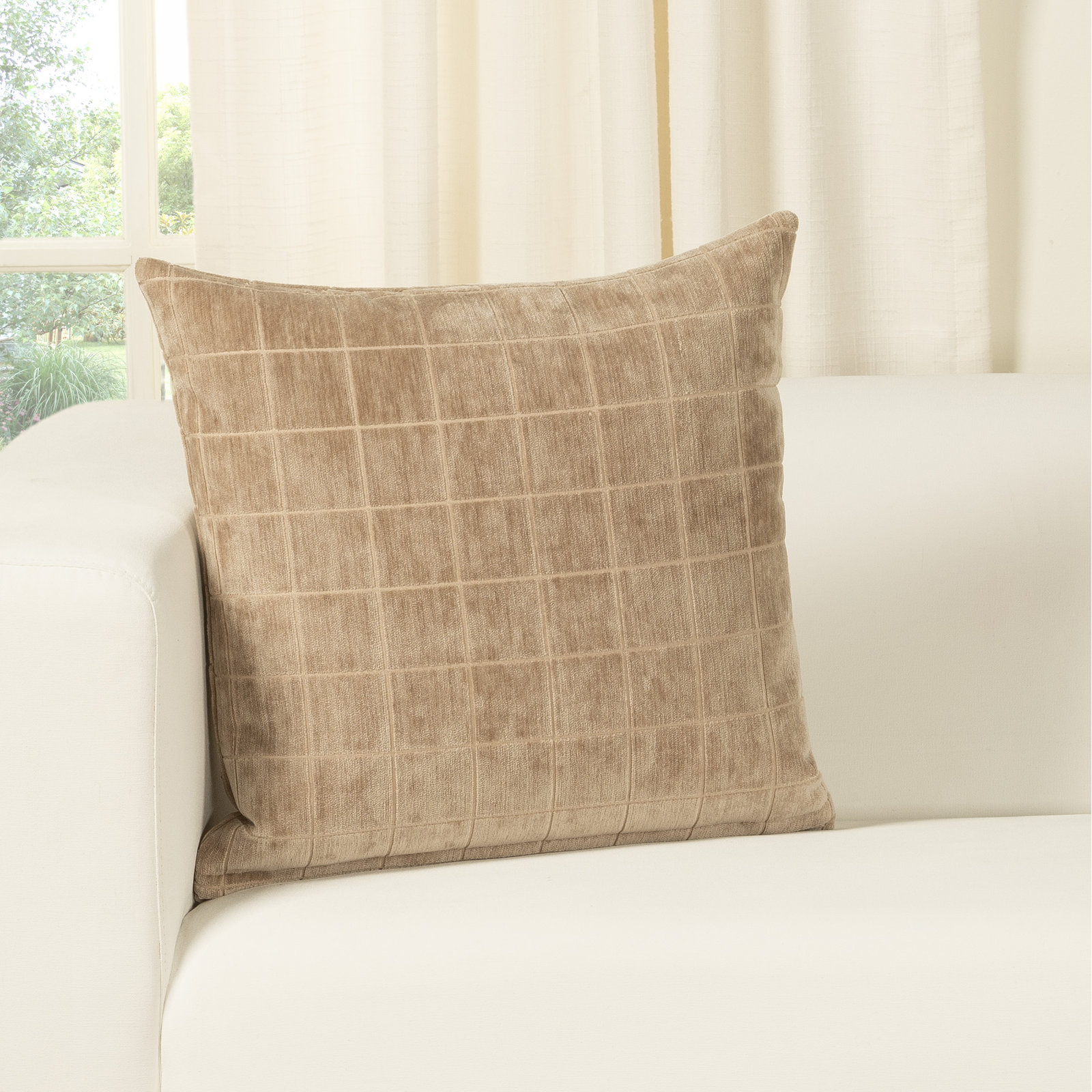 Otterville Velvet Grid Throw Pillow, Beige Geometric, Feather, 18"H x 18"W