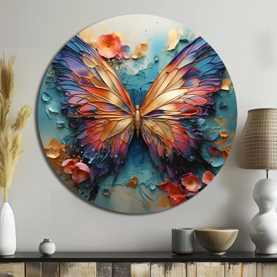 Papillon métallique rond orange et bleu Eshleman - Animaux, art en métal rond