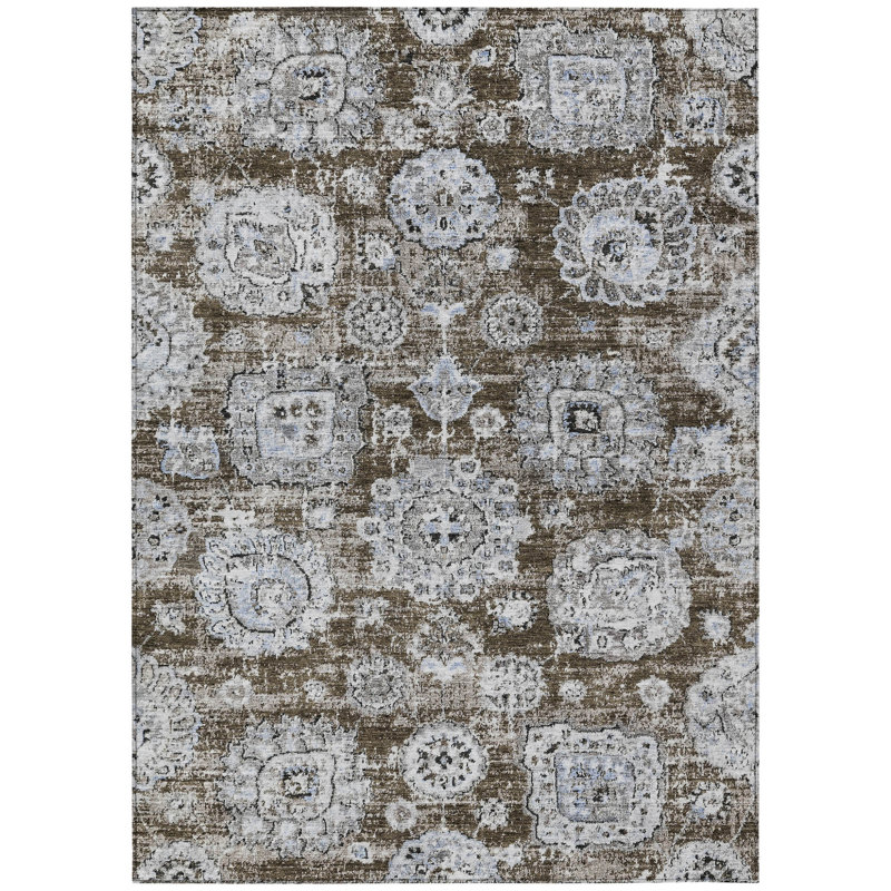 Tapis bleu lavable intérieur / extérieur 8 pi x 10 pi floral