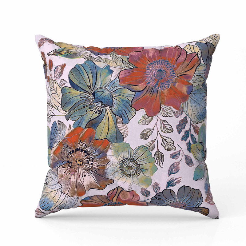 Coussin Painted Petalscape, Carré 20 po, Bleu / rouge / mauve