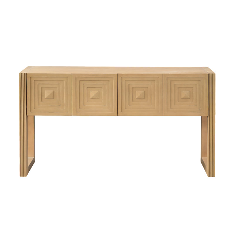 Console géométrique sculptée avec 3 tiroirs, pieds cannelés, finition brun clair