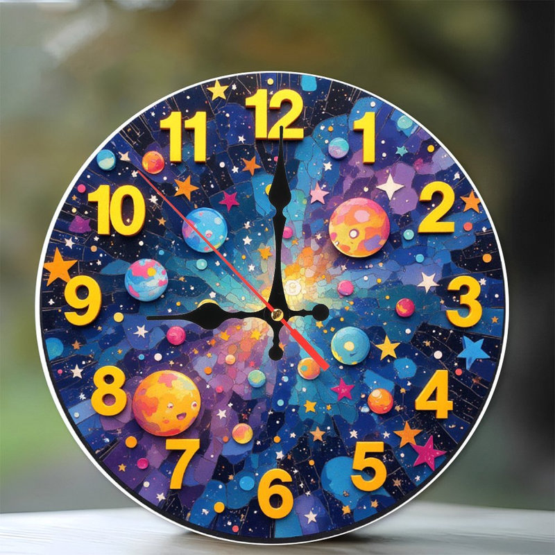 Colorful Cosmic Wall Clock with Planets and Stars