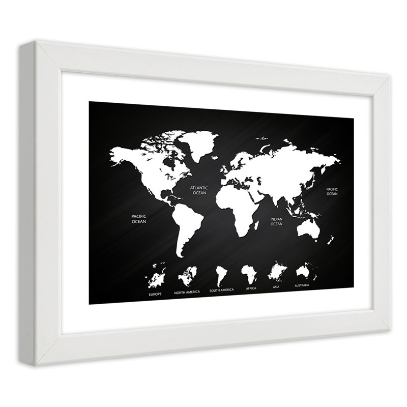 World Map - Single Picture Frame Print, White, 70cm H x 100cm W