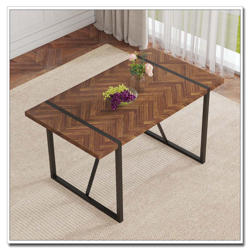 Table de salle à manger rectangulaire avec un dessus spécialement texturé et des pieds en métal noir, Brun