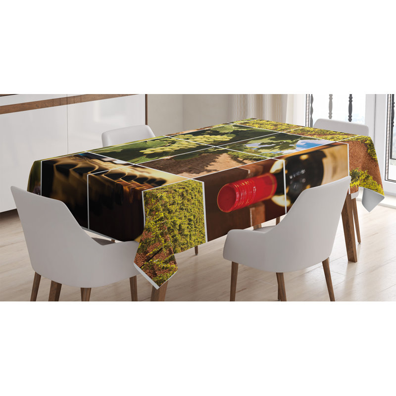 Vineyard Tablecloth, Vineyard Landscapes Purple Grapes French Bottle Glass Rustic Cellar Couples, Rectangular Table Cover For Dining Room Kitchen Decor, 52" X 70", Green Red Brown