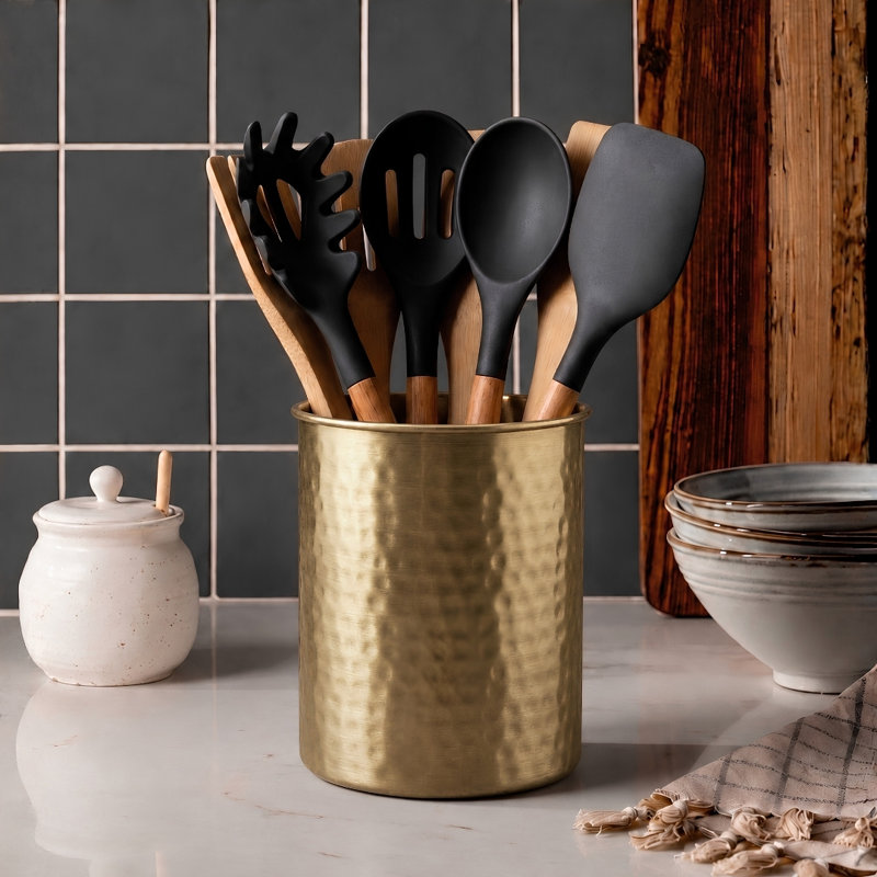 Hand Hammered Metal Kitchen Utensil Holder, Gold
