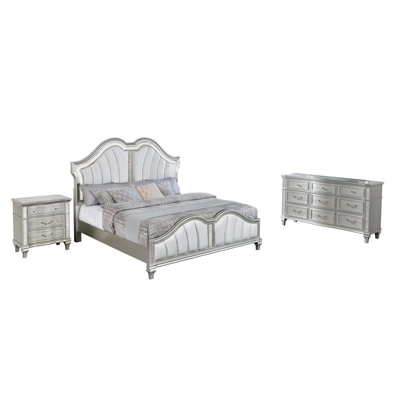 Ensemble de chambre à coucher argenté avec lumières DEL et tête de lit tapissier, Queen, 3 Pcs: Bed, Nightstand, Dresser