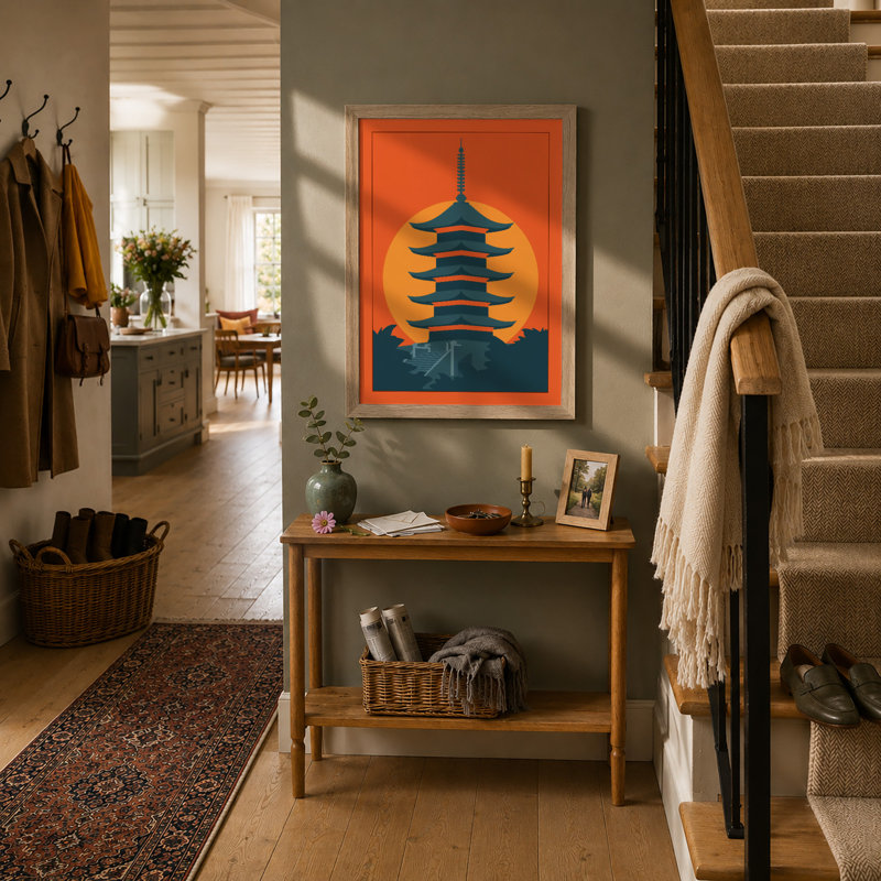 Pagoda at Sunrise Japandi - Framed Print, A1 - 84.1 x 59.4 cm, Oak