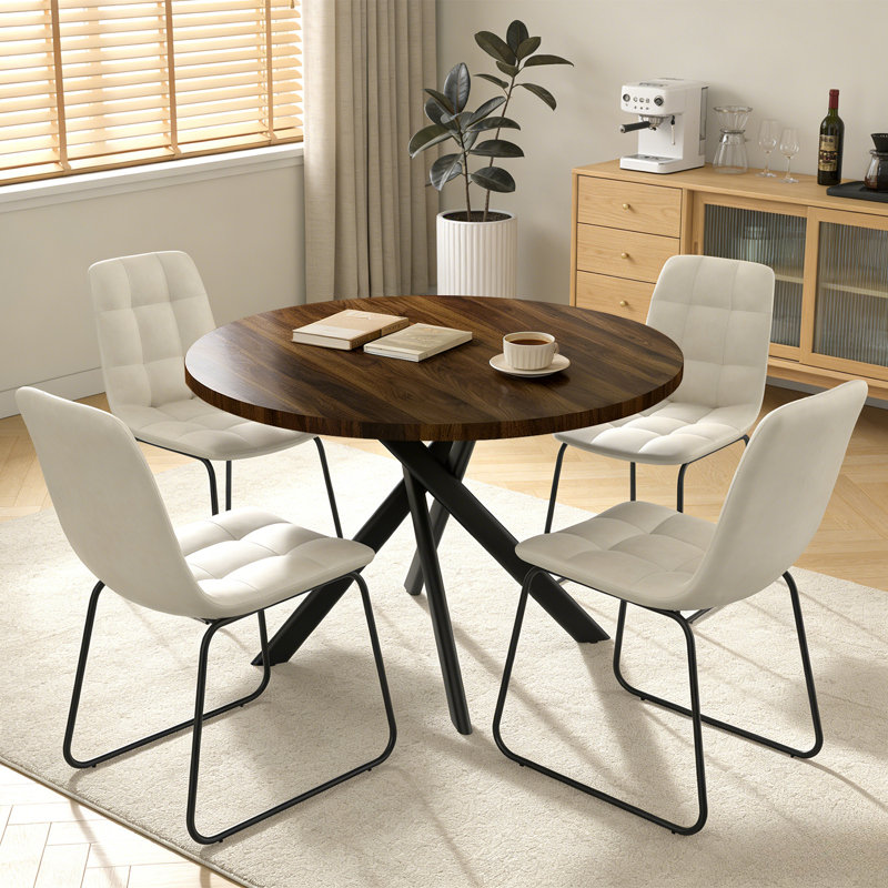 Ensemble de tables de salle à manger 43,5 pouces rondes pour 4, table en bois 5 pièces avec pieds en métal, petit ensemble de café moderne Mid-Century pour salle à manger
