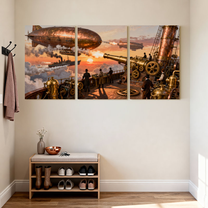 Fantaisie et science-fiction Steampunk dirigeable coucher de soleil mécanique engrenages personnes ciel ensemble de 3 impressions d'art sur toile