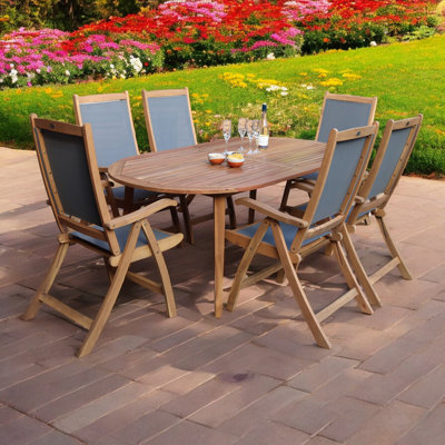 ELIPSE Table with 6 x Grey Textylene Reclining Folding High Back Armchair