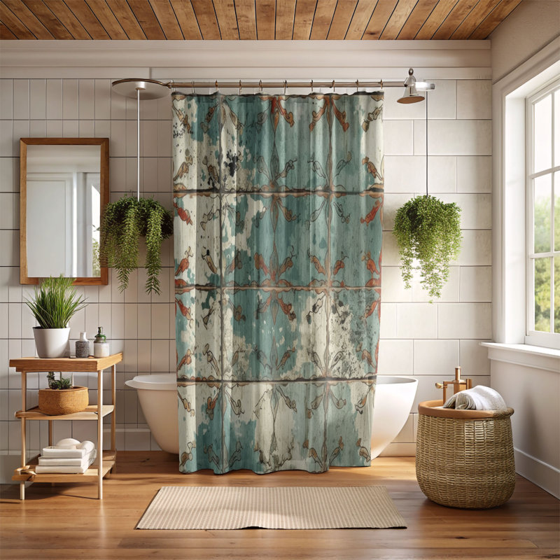 Heritage Tiles - Rideau de douche Premium, H 74 po x l 71 po