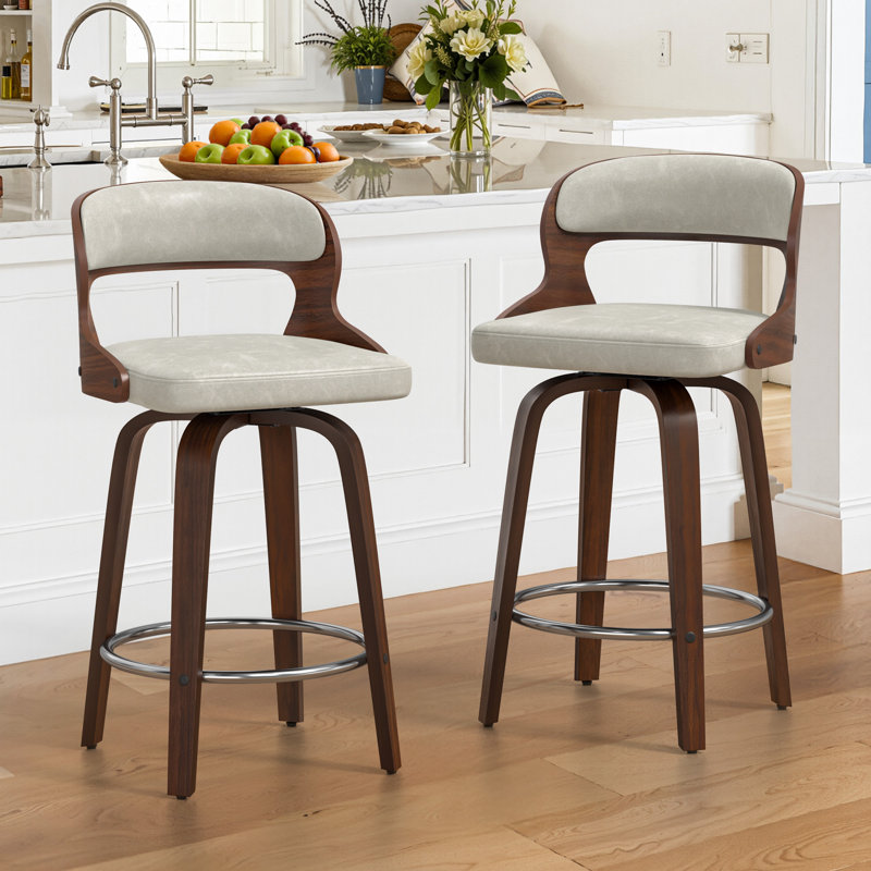 Adelene 26"Swivel Upholstered Counter Stool With Wood Leg, Light Beige