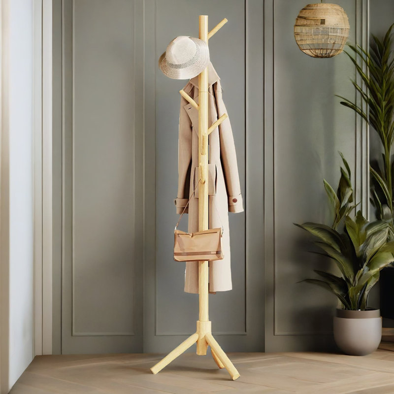 8 - Hook Wooden Coat Stand With Adjustable Height Hallway Entryway Furniture