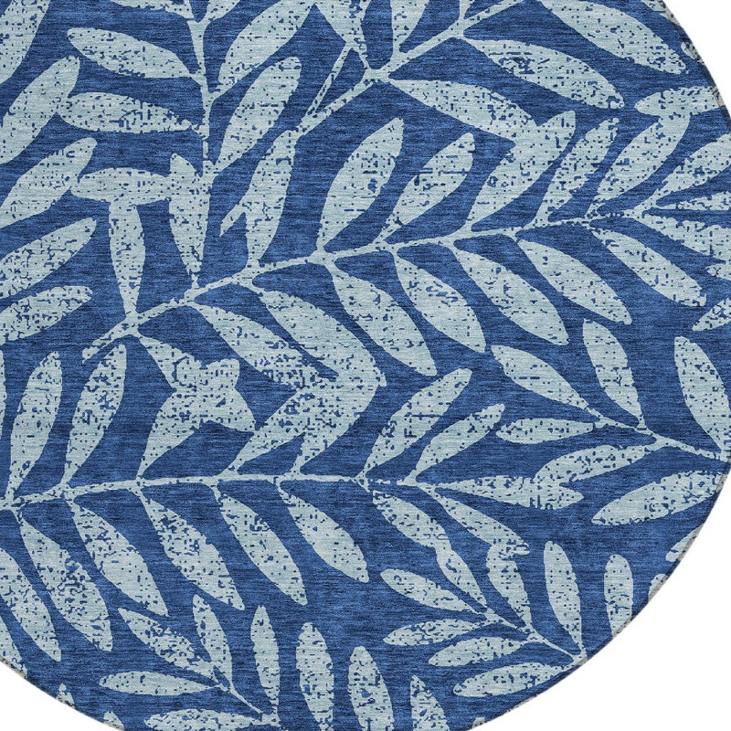 Tapis d'intérieur rond lavable floral 8 pi bleu marine et bleu clair