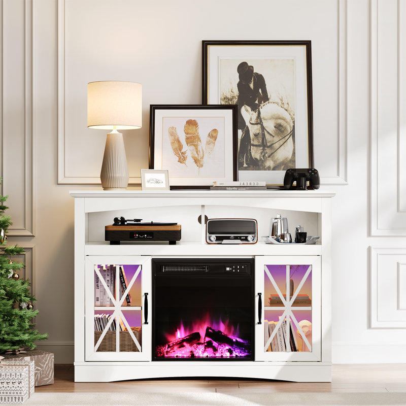Tv Stand With 18'' Fireplace Insert, Entertainment Center With Adjustable Shelves And Led Lights, White