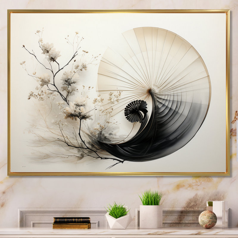 Asian Art Seashell Sumi VI, reproduction d'art sur toile, H 24 po x l 32 po x P 1 po, Cadre flottant doré