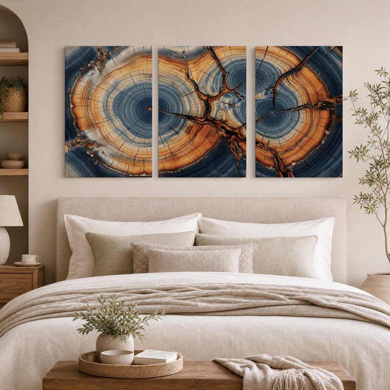 Ensemble de 3 toiles murales représentant des anneaux d'arbres craquelés bleus et orange, 24"H x 16"W x 3pcs