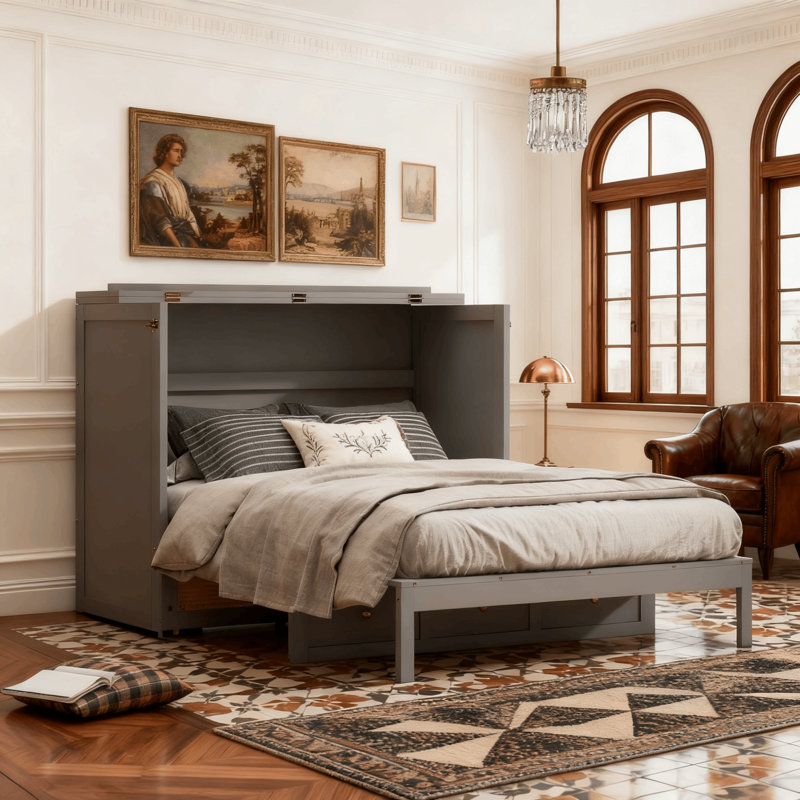 Lit double escamotable avec tiroirs et décor en rotin, Gris, Full / Double