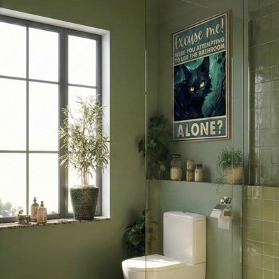 Black Cat To Use The Bathroom - 1 Piece Rectangle Graphic Art Print On Wrapped Canvas