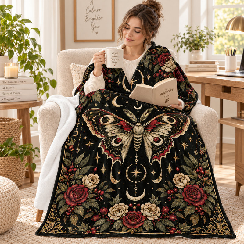 Lunar Moth Botanical Blanket, Black Gold Flannel Throw with Moon Phases, Burgundy Roses and Stars for Couch, Bed, Reading, Travel and Vintage Styling, 40 x 50 in
