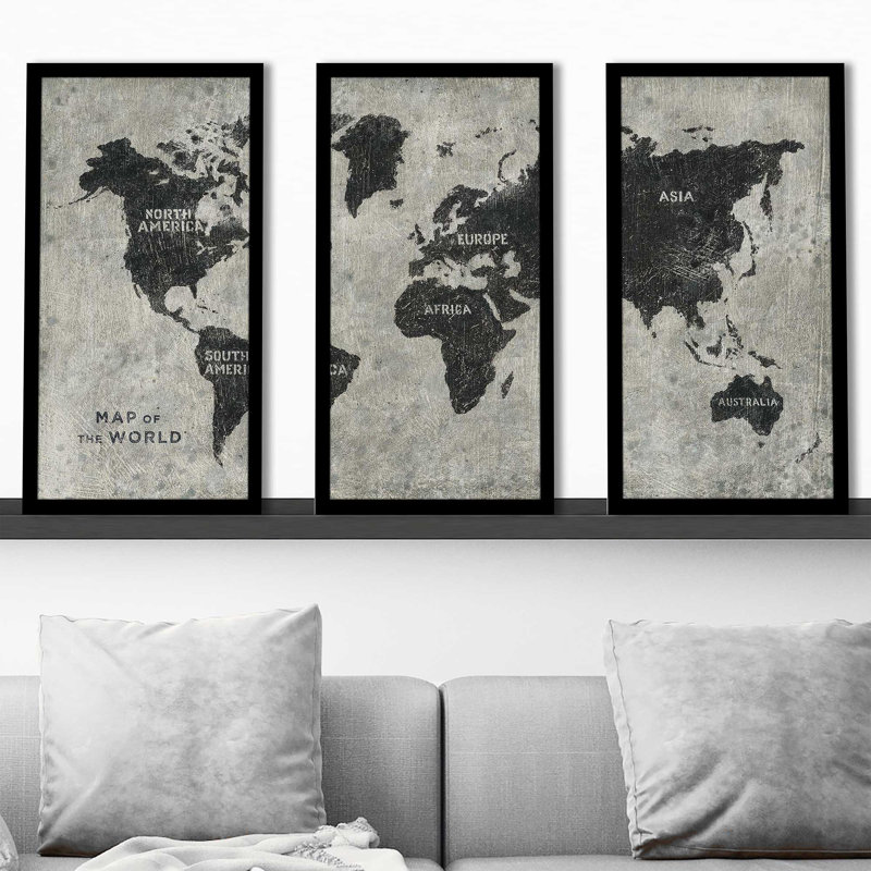 Carte du monde grunge - 3 pièces, impression encadrée, L 40,5 po x H 25,5 po x P 1 po
