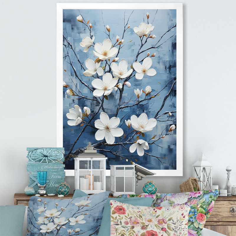 «Dogwood» gris et bleu Expression II sur toile, Cadre simple blanc, H 20 po x l 12 po x P 1 po
