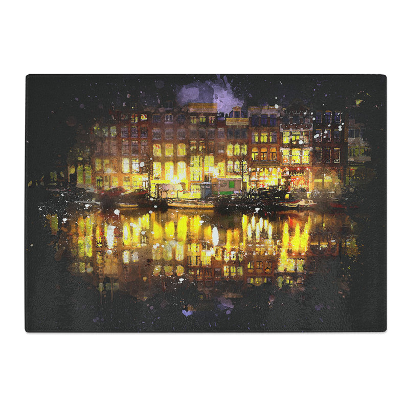 Tempered Glass Amsterdam at Night Paint Splash Chopping Board, 28.5 cm x 39 cm