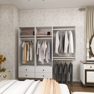 White Modular Walk in Closet Organizer System with 2 rods 4 shelves and 4 drawers