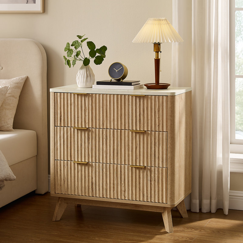 Table d'appoint 32 po de hauteur en faux marbre avec 3 tiroirs et design cannelé, Chêne naturel