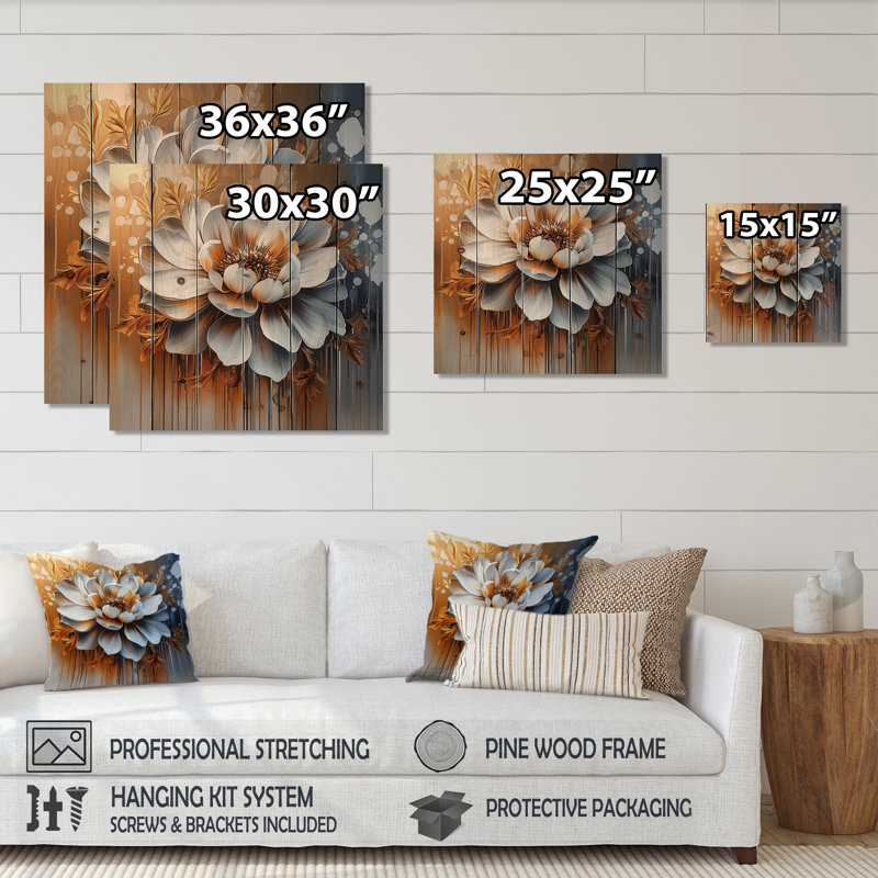 Fleur transitionnelle dorée abstraite III - Art mural floral abstrait en bois, H 25 po x l 25 po x P 0,78 po