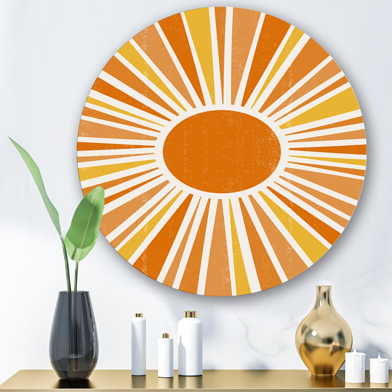 Rayons de soleil orange minimaliste lumineux et brillant I - art mural moderne en métal, H 11 po x l 11 po x p 1 po