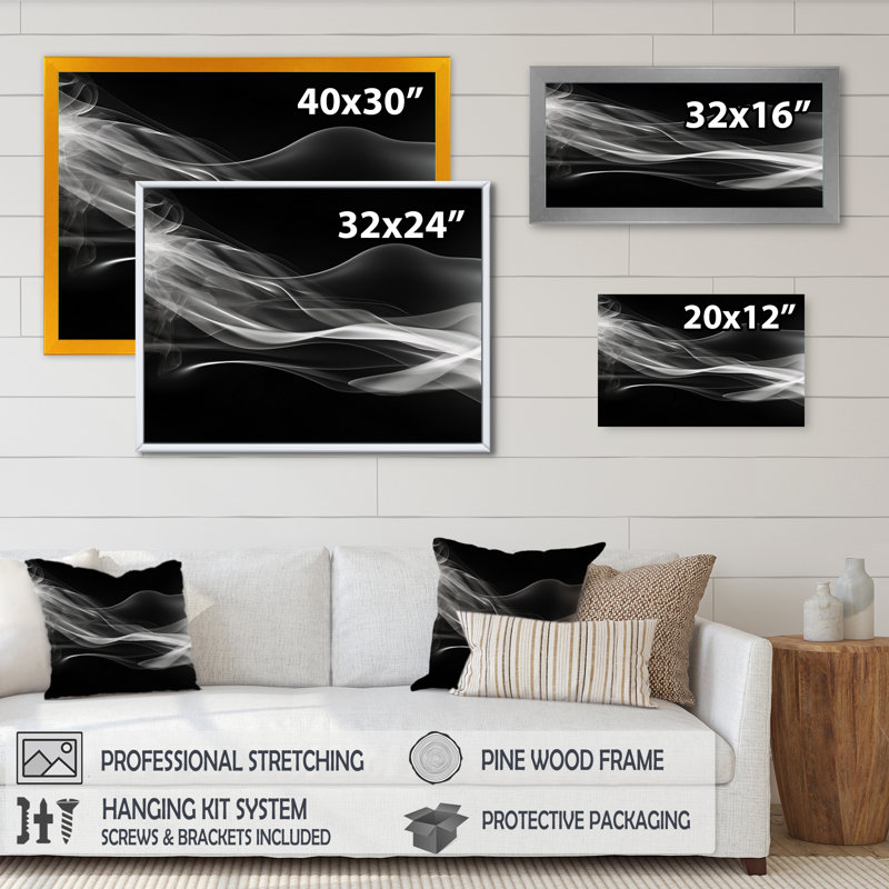 Décoration murale abstraite noir et blanc I - Abstrait moderne vagues, Cadre simple noir, H 12 po x l 20 po x P 1 po