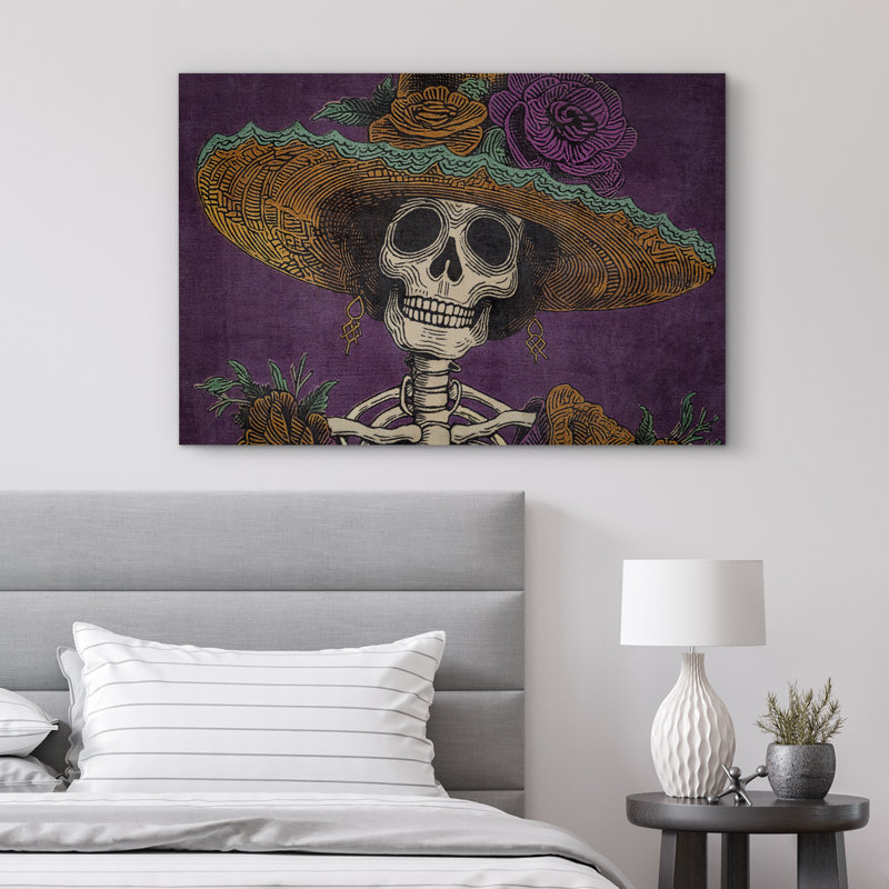Décoration mauve squelette mauve portant un chapeau de crâne humain Moody, Toile tendue, H 24 po x l 36 po