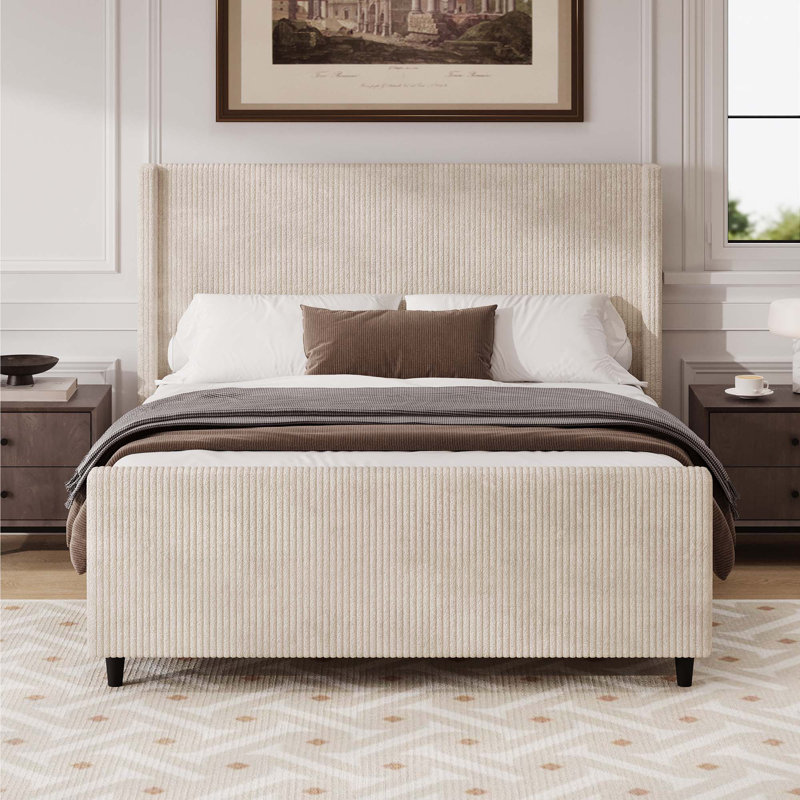 Headboard Corduroy Upholstered Bed Frame with Vertical Stripe Wingback and High Footboard No Box Spring Needed, Cream, Queen
