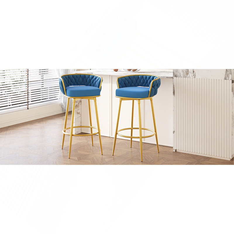 Swivel Counter Height Bar Stools Set Of 2, 31." Bar Height Stools With Hand-Woven Backrest & Gold Metal Legs, Modern Low Back Upholstered Kitchen Chairs With Footrest For Island, Dining Room,Blue