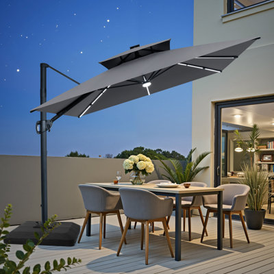 9 X 11 Ft Rectangular Patio Cantilever Umbrella With Solar Led Lights With Weighted Base