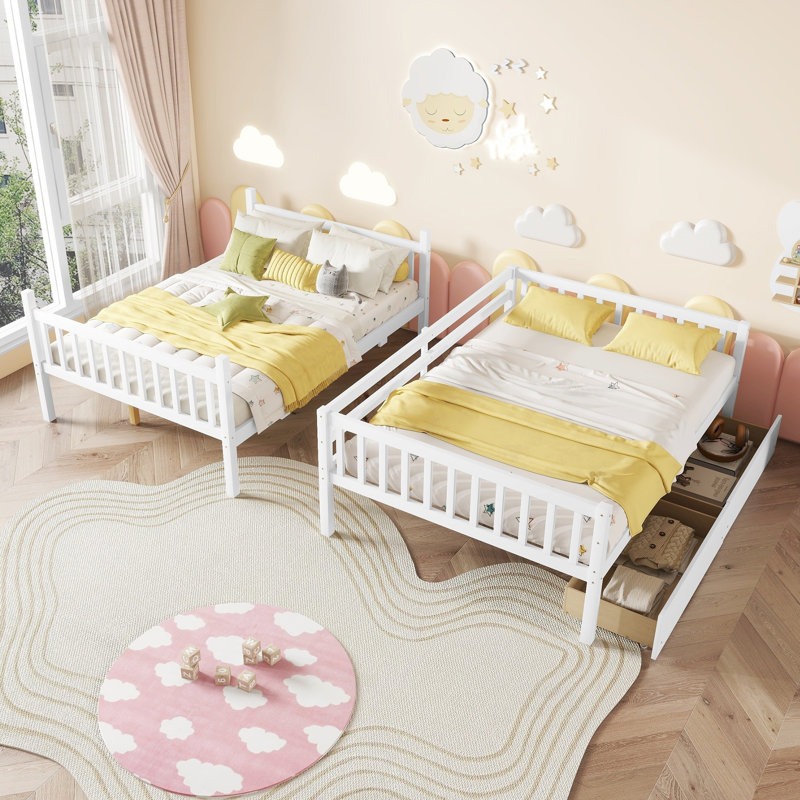 Lit superposé double au-dessus de double avec tiroirs de rangement, échelle et garde-corps, convertible en 2 lits doubles, structure en bois d'hévéa massif