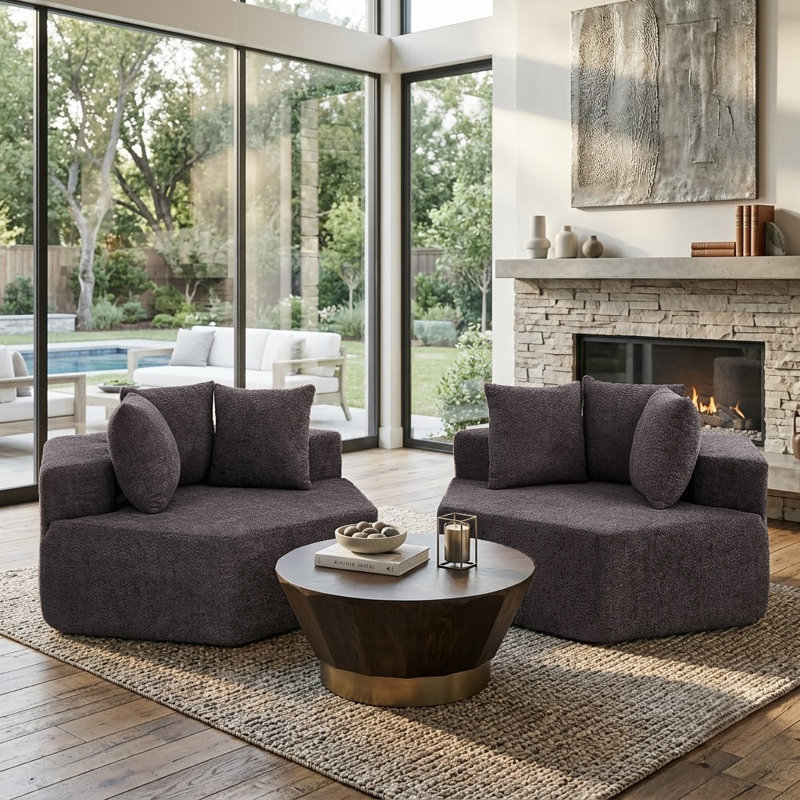Ensemble de 2 fauteuils d'appoint surdimensionnés en chenille surdimensionnés gris avec 3 coussins chacun et siège en mousse et à ressorts