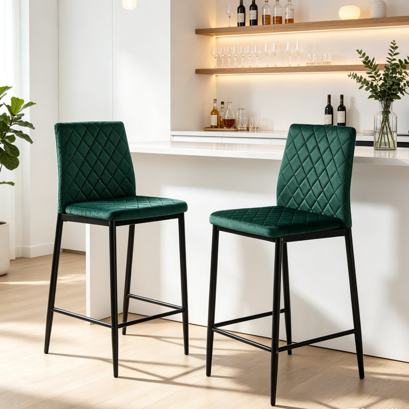 Upholstered Bar Stool with Iron Frame, Green