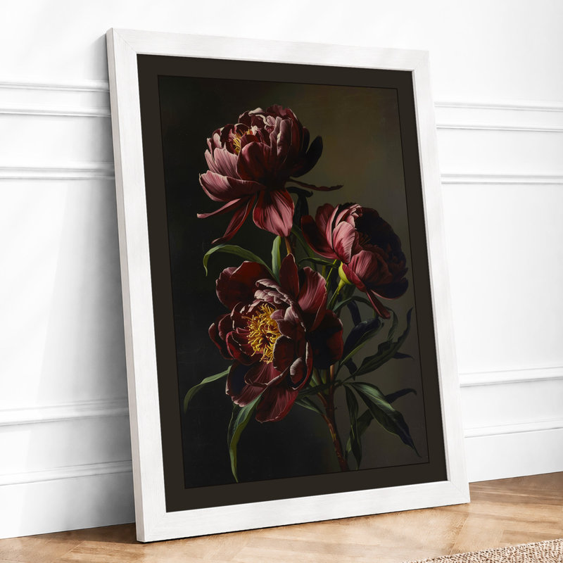 Dark Peonies Botanical - Framed Print, A4 - 29.7 x 21.0 cm, White