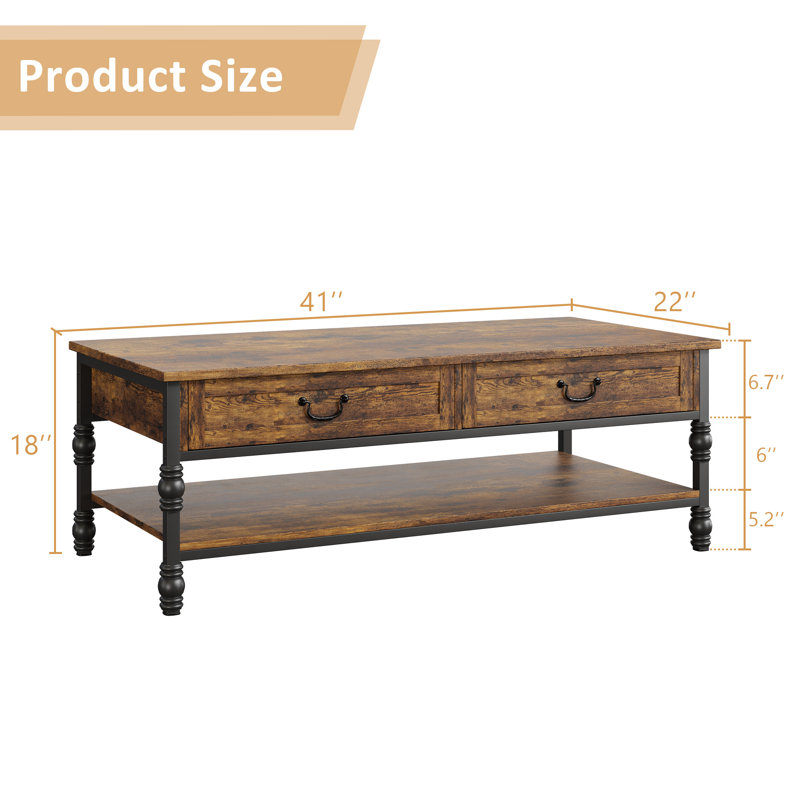 Table basse de salon, table de salle à manger en bois avec 2 grands tiroirs de rangement et tablette de rangement ouverte