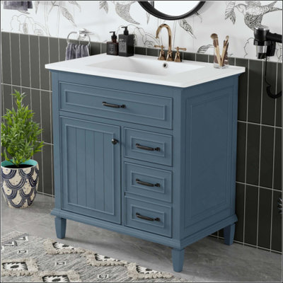 Meuble-lavabo de salle de bain avec comptoir en céramique, structure en bois massif, armoire en bois aggloméré et en pin, tiroirs rabattables, tablette réglable et poignées en alliage de zinc, armoire de rangement autoportante (robinet non inclus) (robinet non inclus)