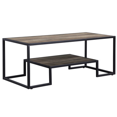 Industrial Style Coffee Table - Black & Rustic Oak With Metal Tube Frame Shelf Kd Veneer 6" Floor