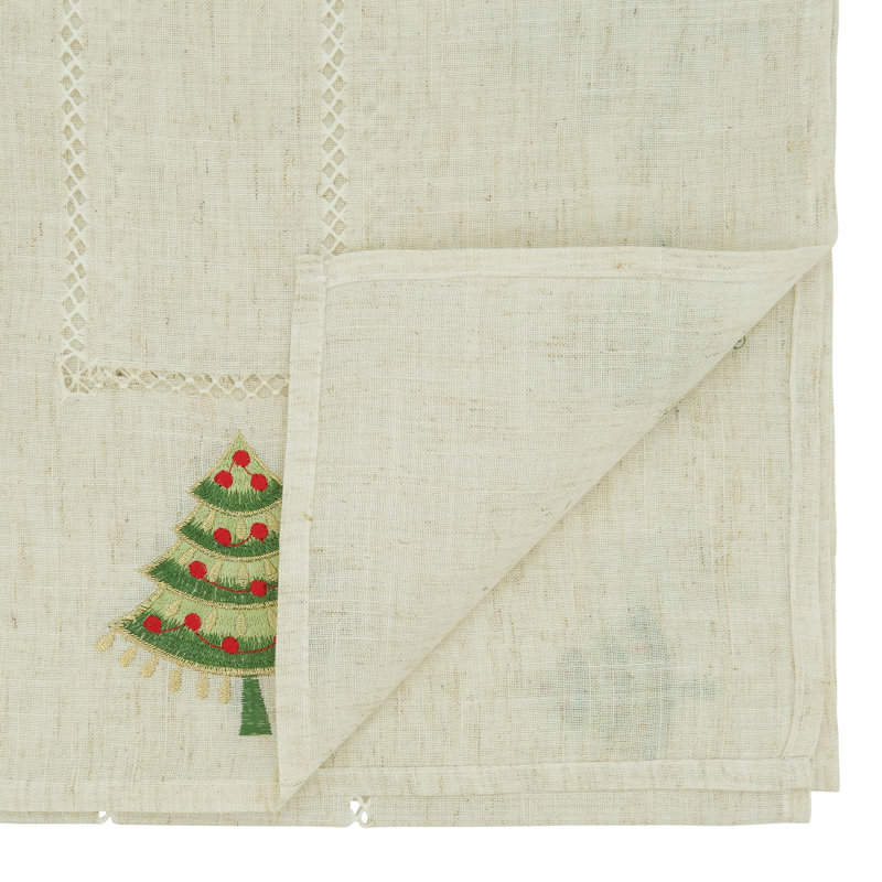 Natural Linen Embroidered Christmas Tree Table Runner, 16" x 90"