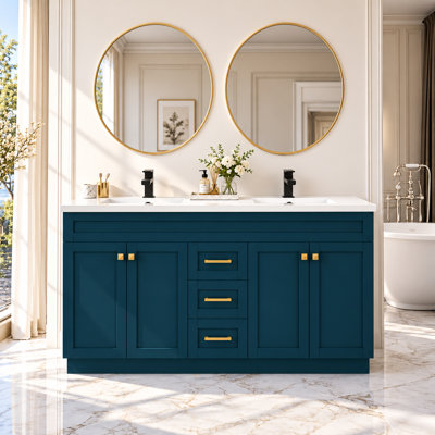 60" Blue Double Bathroom Vanity with Integrated Resin Top and Quick Assembly