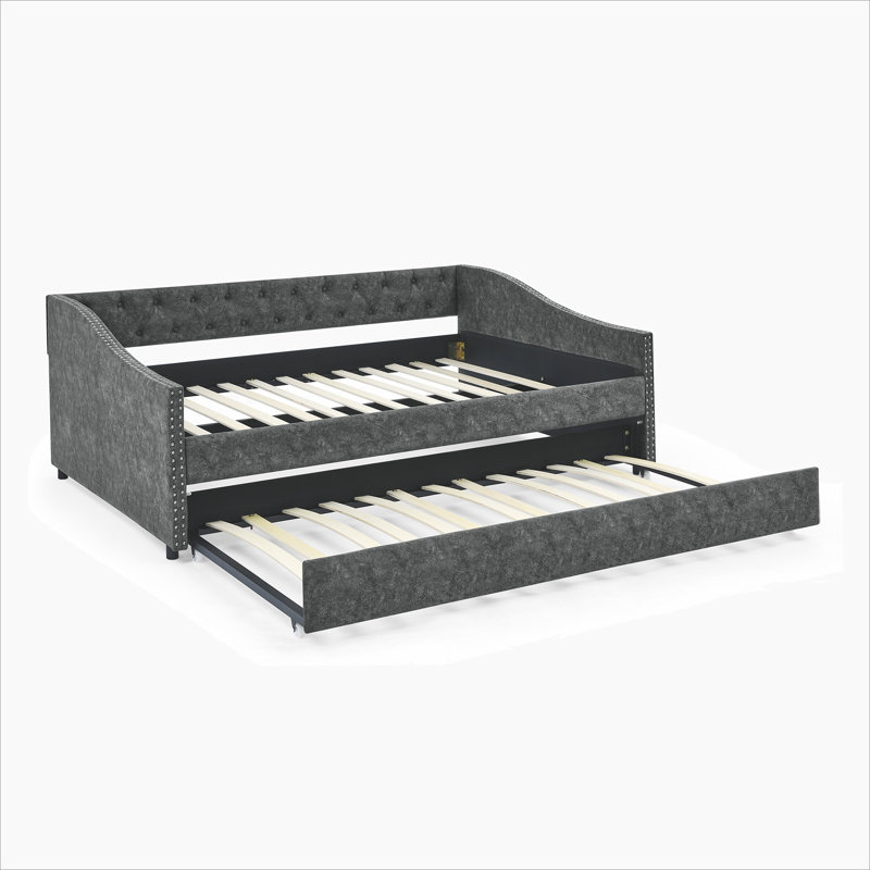 Daybed with Trundle Upholstered Tufted Sofa Bed, with Button and Copper Nail on Arms, Gray, Full