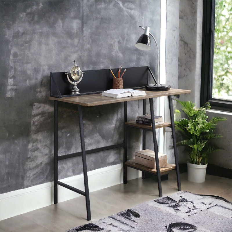 Rustic Oak And Black 2-Shelf Writing Desk With H-Shaped Base