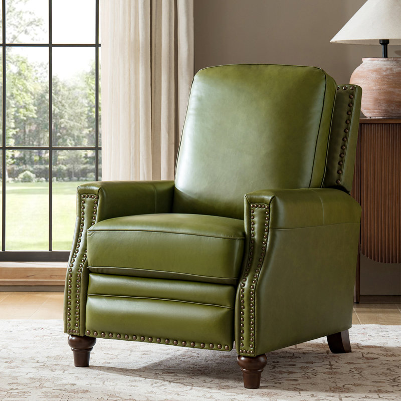 Andrena Genuine Leather Recliner With Nailhead Trim, Genuine Leather Olive
